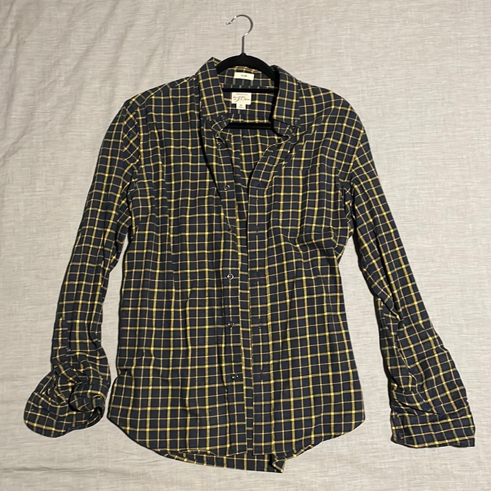 J. Crew Long Sleeve Navy and Yellow Check Brushed Twill Shirt
